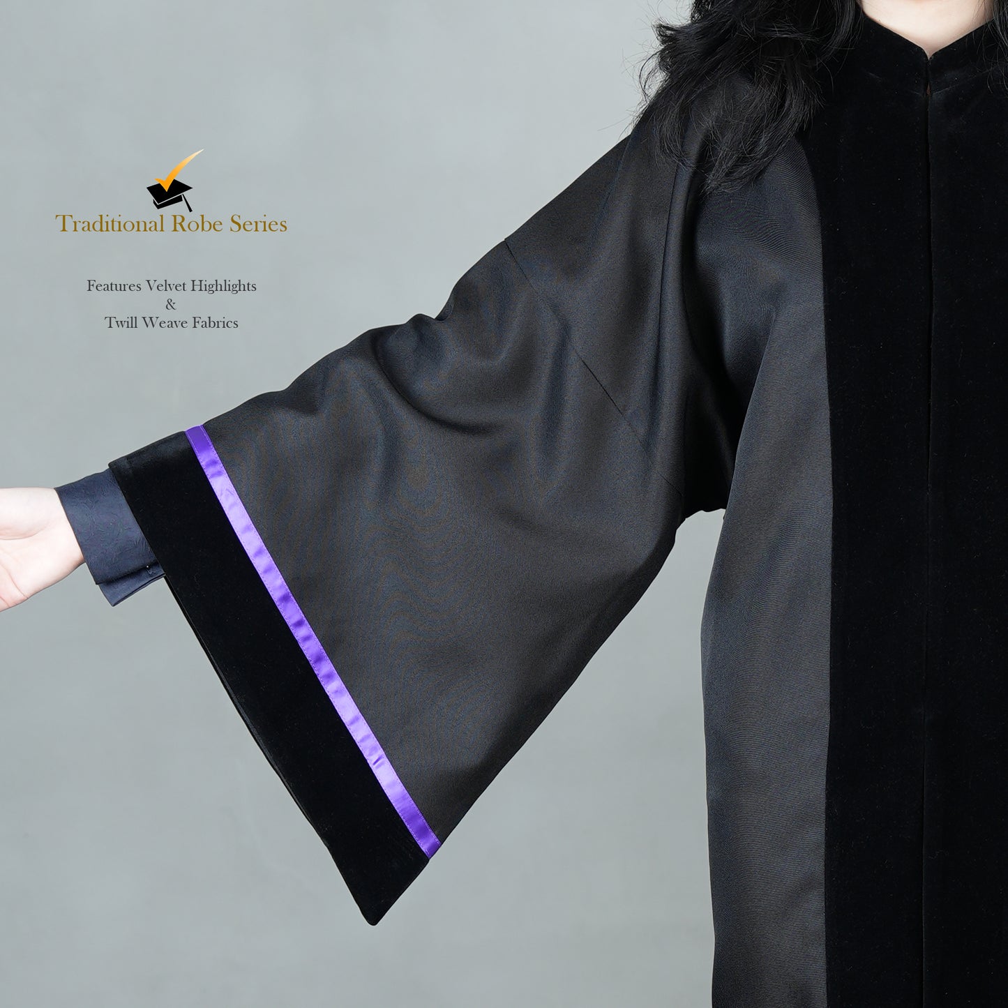 A detailed view of the Traditional Master's sleeve showcasing a purple satin polyester highlight with black velvet cuffs.