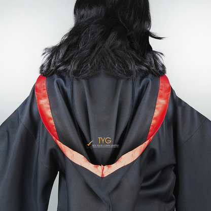 Detailed back view of a graduate in black graduation gown with a red bachelor hood against a plain background