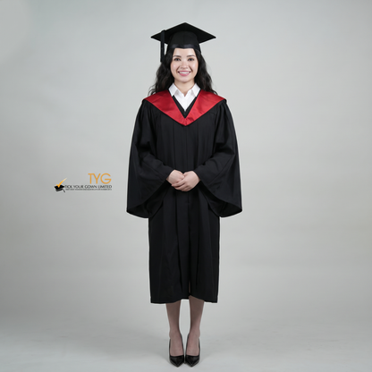 A woman wearing a University of Edinburgh bachelor graduation gown and a black mortarboard cap stands against a light gray studio background. 

The gown has a red and black draped hood, and she is wearing a white collared shirt underneath.
