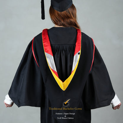Back view of a person wearing a black bachelor graduation gown with a red, white, and gold satin hood and a mortarboard cap.