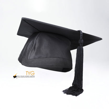 Black graduation cap with a black tassel on a white background.