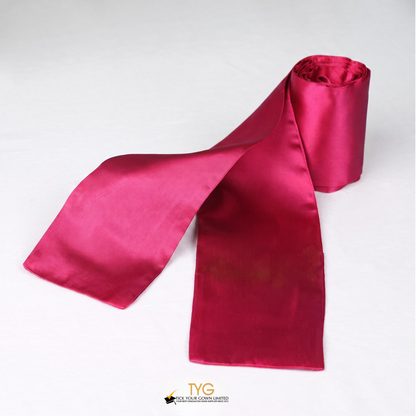 Red satin rolled graduation sash on a white background.