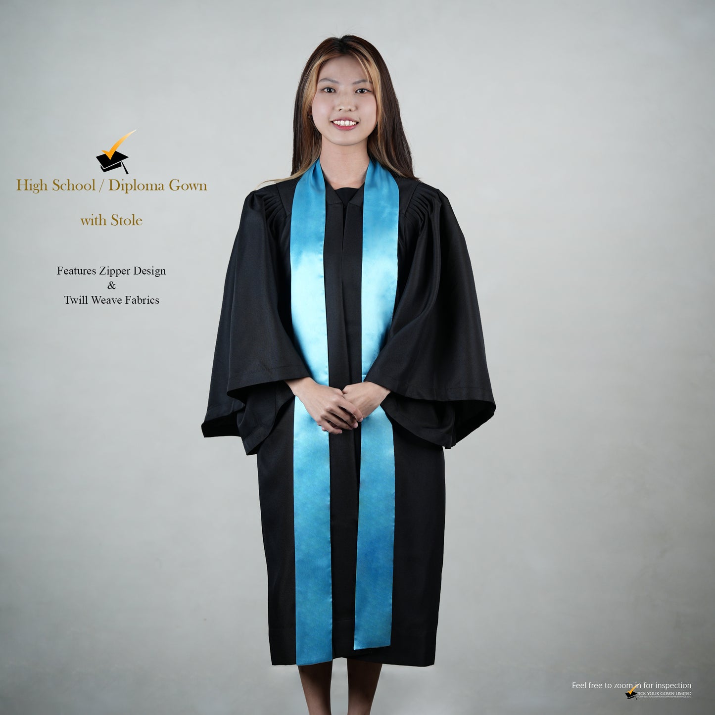 A person wearing a black high school graduation gown with a blue satin stole, shown in a full-length front view.
