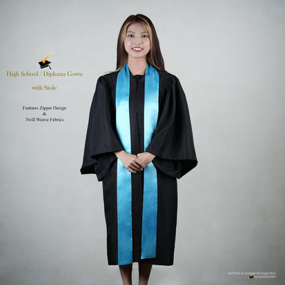 A person wearing a black high school graduation gown with a blue satin stole, shown in a full-length front view.