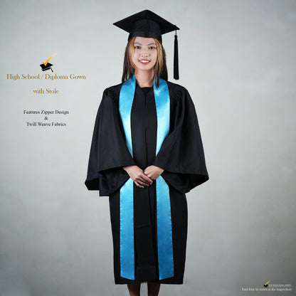 A person wearing a black high school diploma graduation gown with a blue stole, cap, and tassel.
