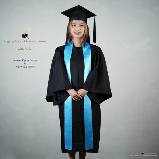 A person wearing a black high school diploma graduation gown with a blue stole, cap, and tassel.