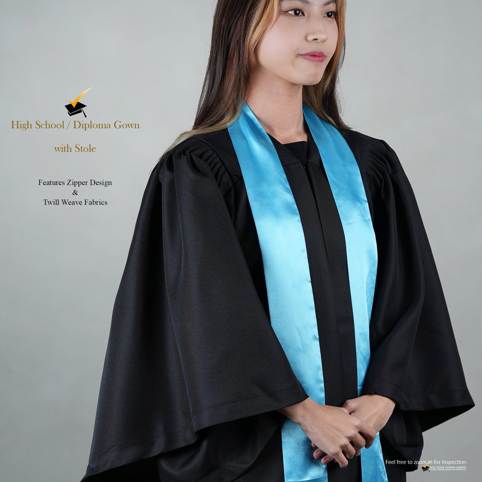 A person wearing a black high school graduation gown with a blue satin stole, shown in a profile view.