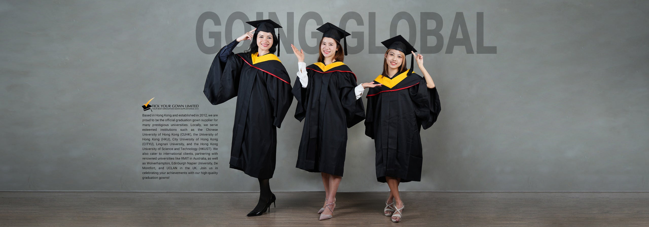 Three graduates in caps and gowns with 'Going Global' text on a gray background