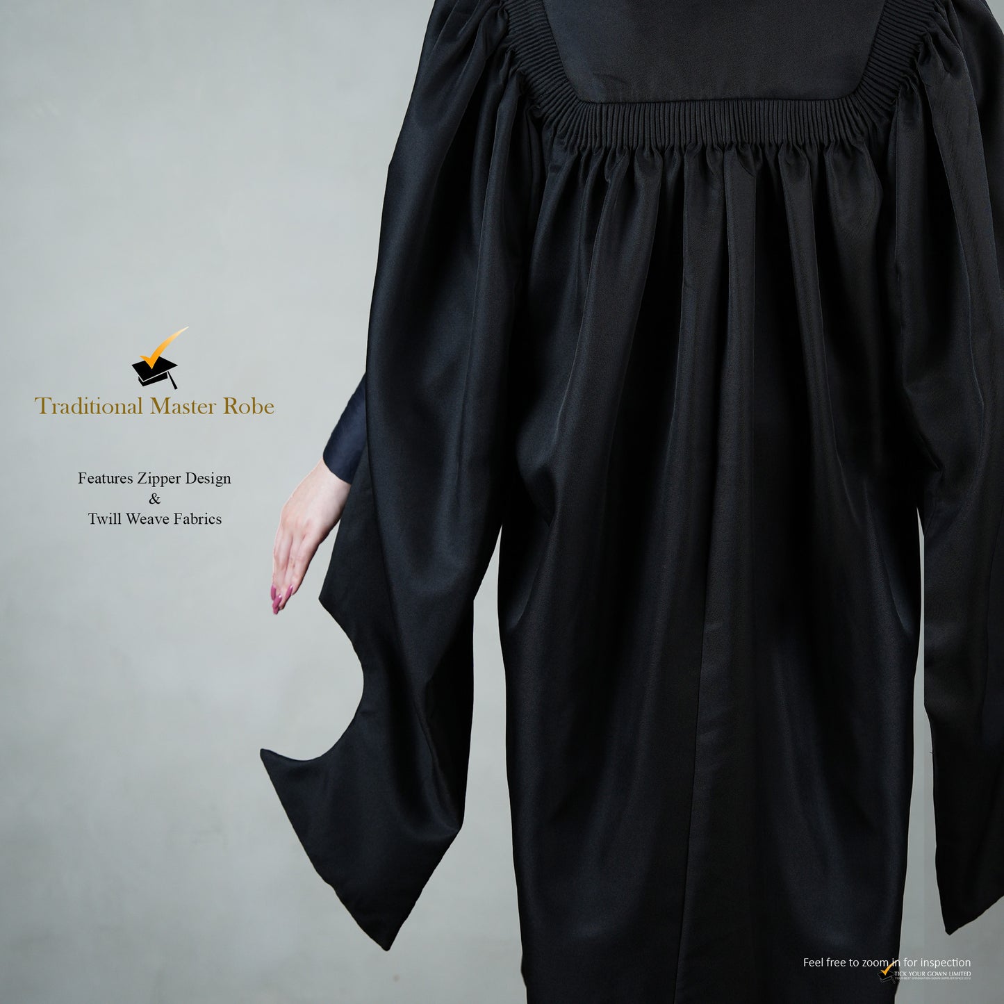 Back view of a person wearing a traditional black master's robe for the blue hood set