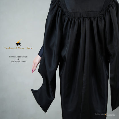 Back view of a person wearing a traditional black master's robe for the blue hood set