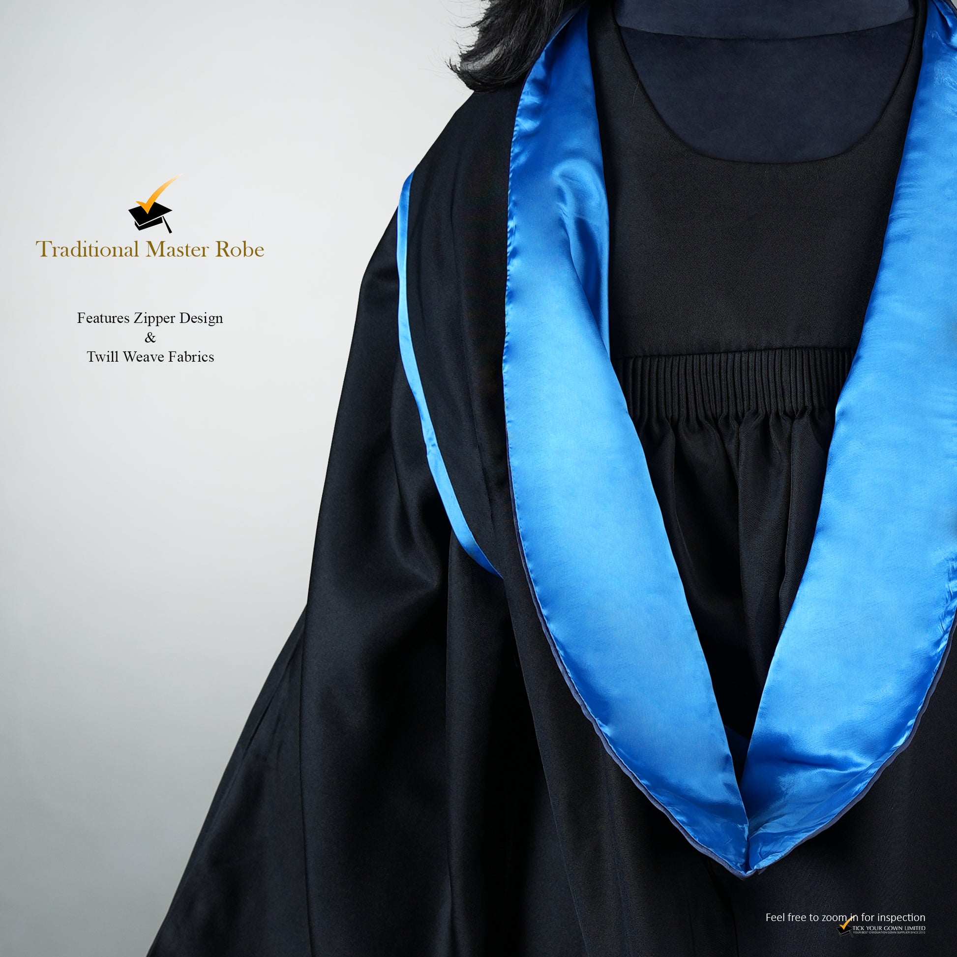 Back view of a traditional black master's robe with a zipper and a blue hood.