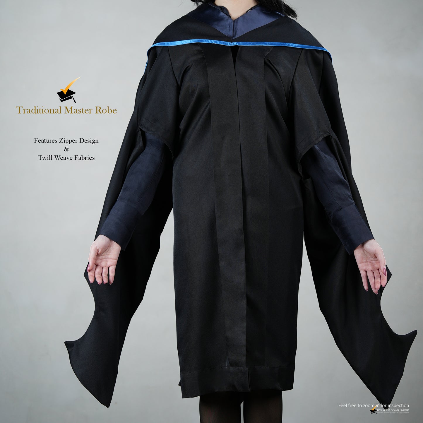 Detailed front detailed view of a person wearing a traditional black master's robe for the blue hood set