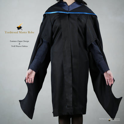 Detailed front detailed view of a person wearing a traditional black master's robe for the blue hood set