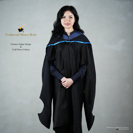 A person wearing a traditional black master's robe with a zipper and a blue hood.