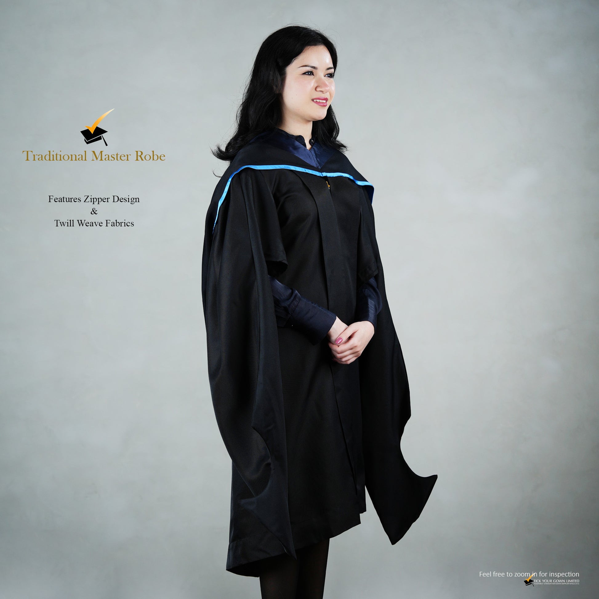 Profile view of a person wearing a traditional black master's robe including the blue hood but without the mortarboard