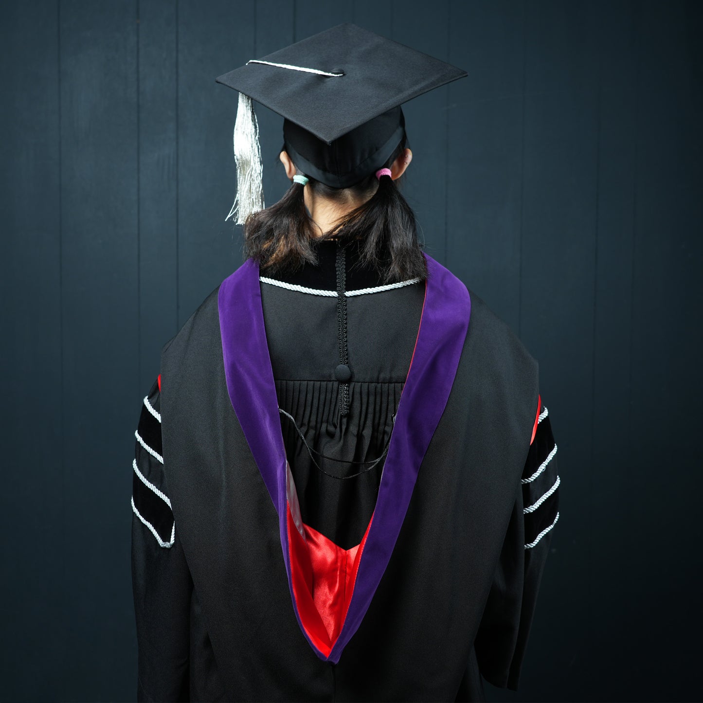 Back view of a person wearing a black masters graduation gown with silver striped sleeves, a purple-and-red satin hood, and a mortarboard cap with a silver tassel.