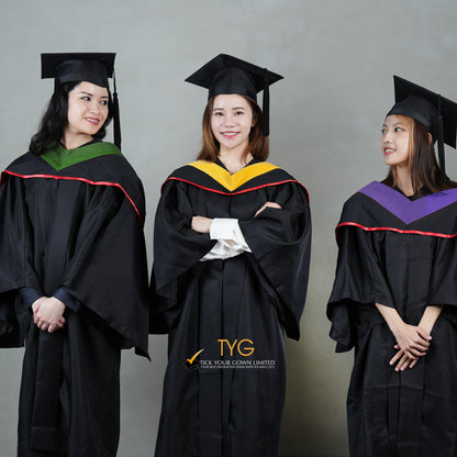 Three individuals in graduation gowns and caps with 'TYG' logo on a gray background.