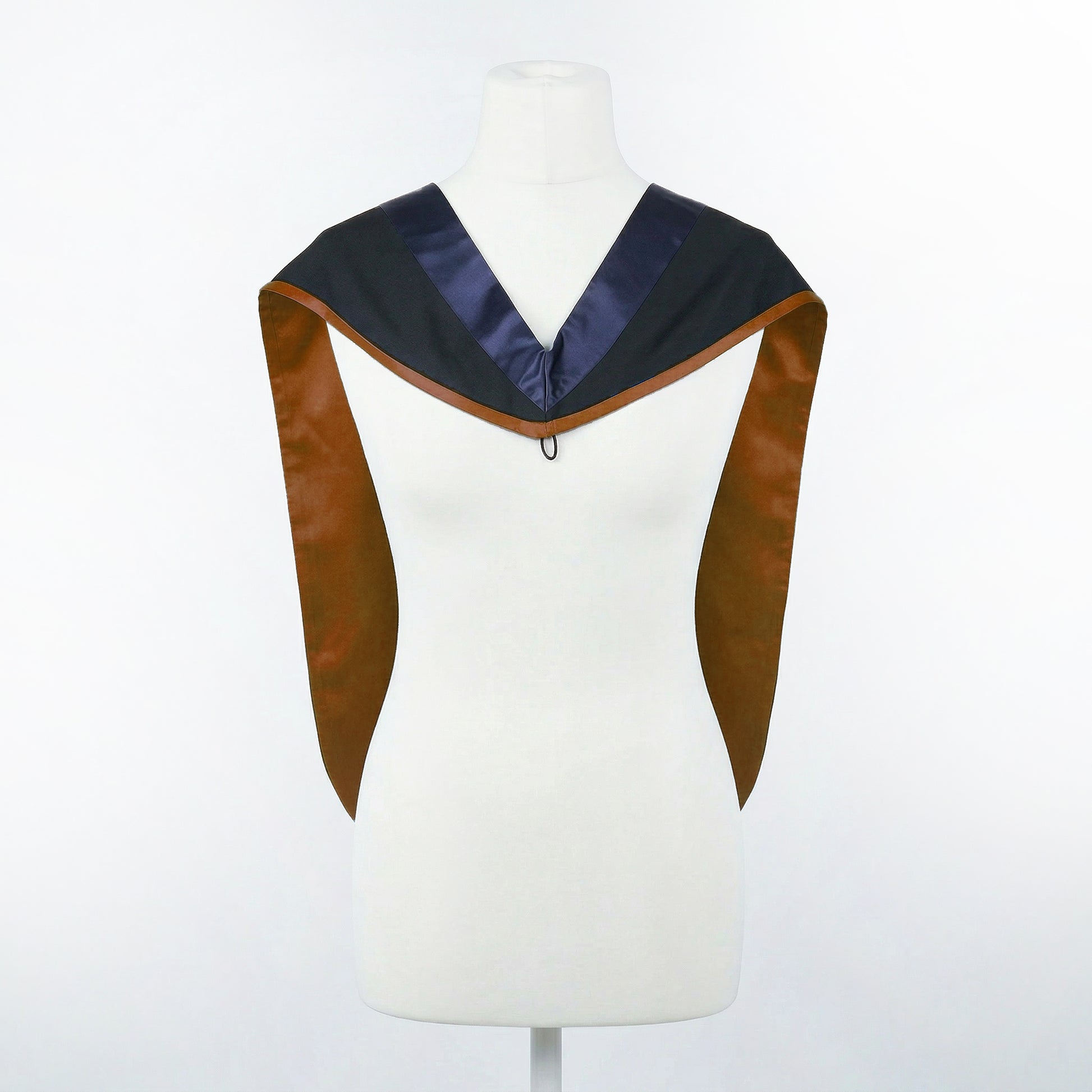 Master's graduation hood displayed on a mannequin showing full shape with black body, dark navy blue hood, and brown satin lining.
