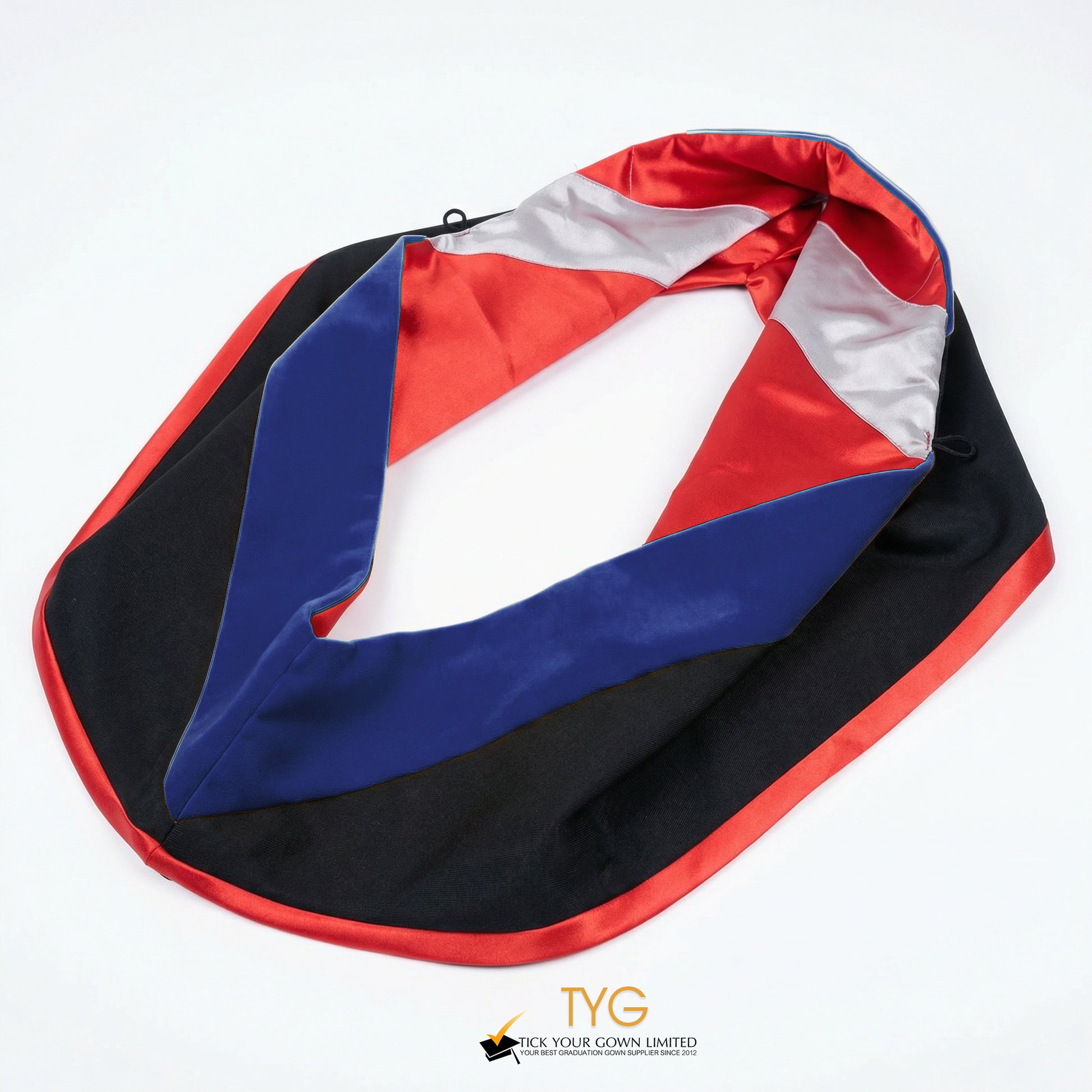 A master's graduation hood featuring black fabric with blue velvet hood and red satin lining.