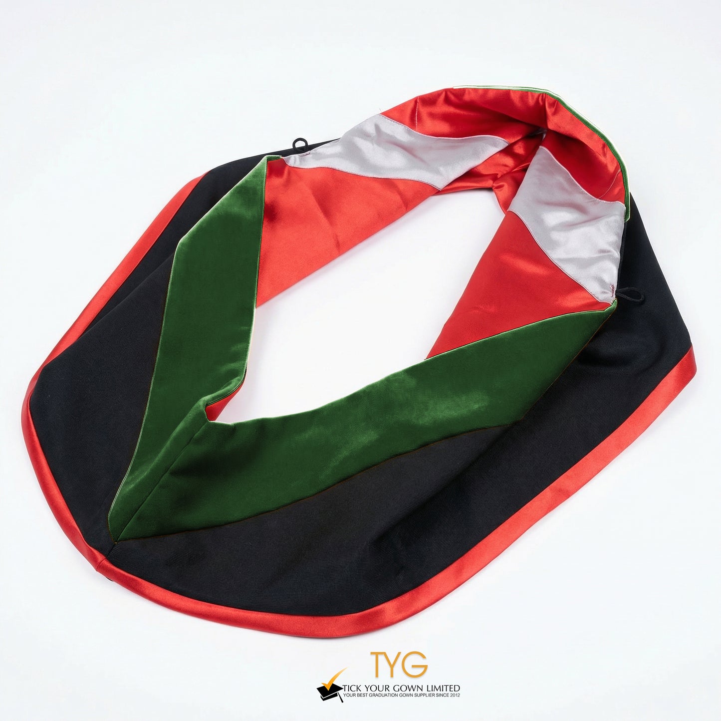 A master's graduation hood featuring black fabric with forest green velvet hood and red satin lining.