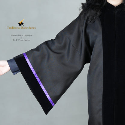 A detailed view of the Traditional Master's sleeve showcasing a purple satin polyester highlight with black velvet cuffs.