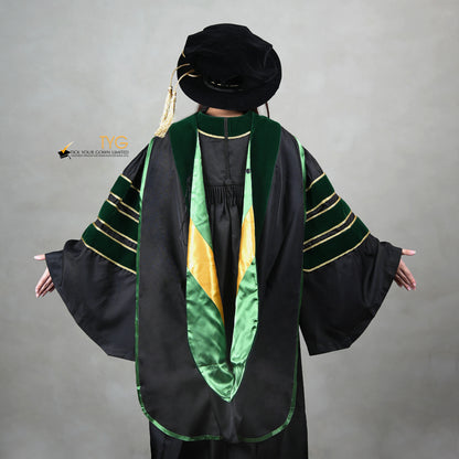 A back view of a person wearing a PhD graduation gown in black with forest green velvet panels, matching sleeve bars, gold trim, and a matching doctoral bonnet with gold tassel.