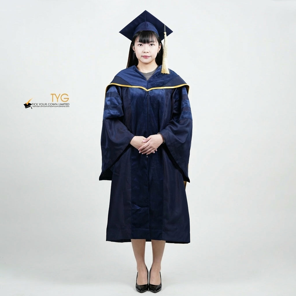 Front view of a person wearing a PhD classic navy blue velvet graduation gown with yellow lining hood, and a navy blue doctoral bonnet with gold tassel.