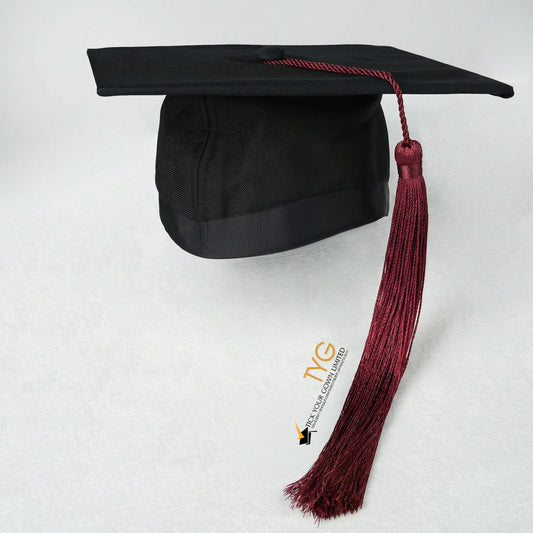 Black graduation cap with maroon tassel on a white background