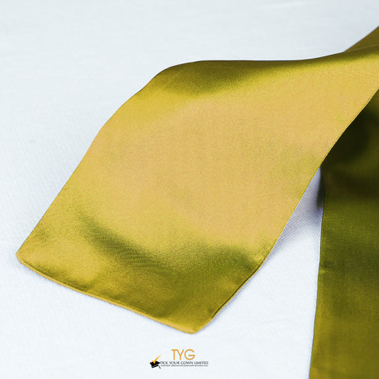 Detailed view of a gold stole fabric on a white background.