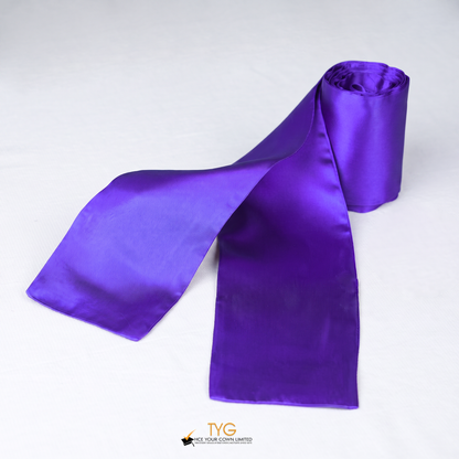 Purple satin rolled graduation sash stole on a white background.