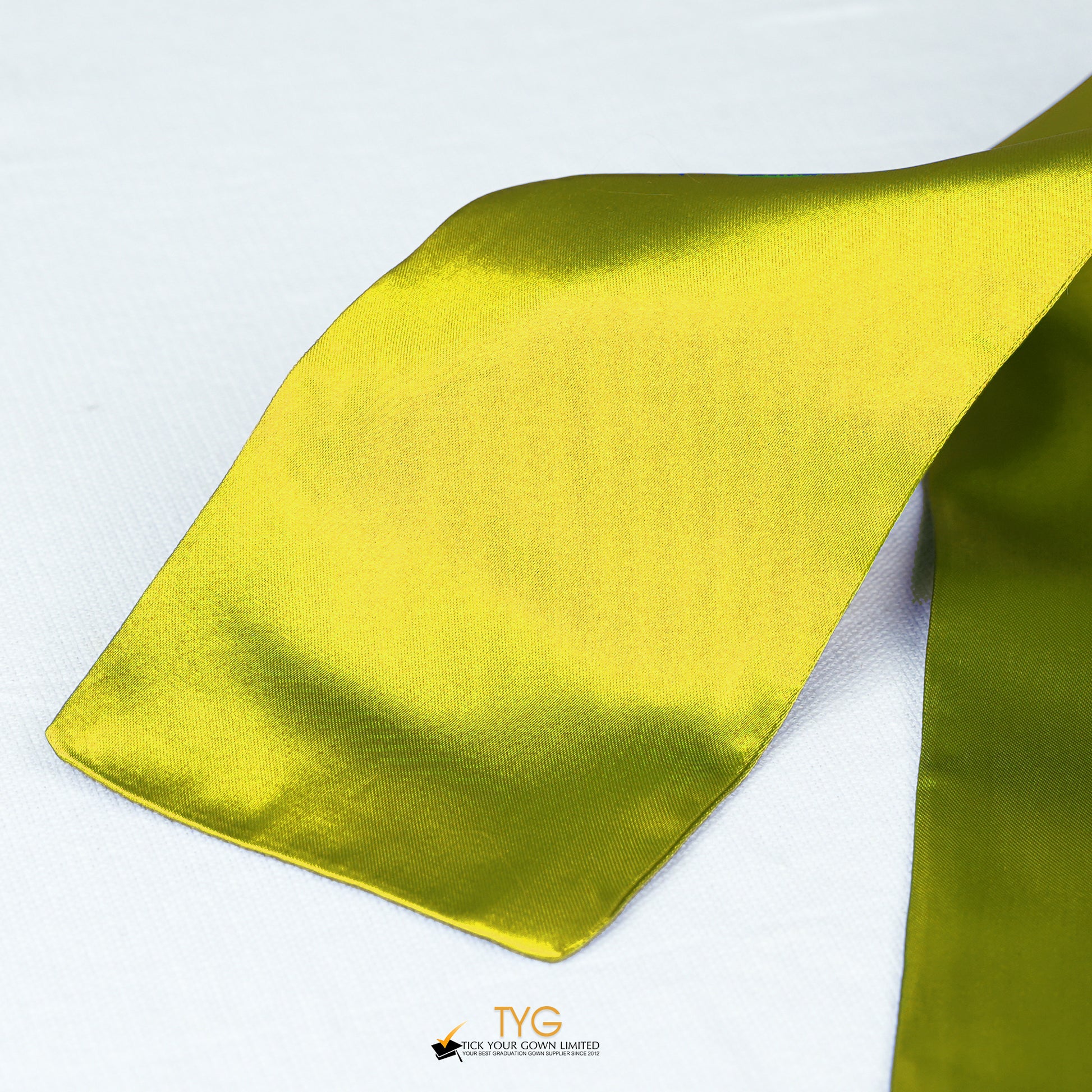 Detailed view of a yellow stole fabric on a white background.