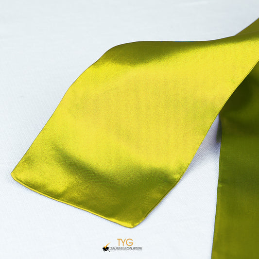 Detailed view of a yellow stole fabric on a white background.
